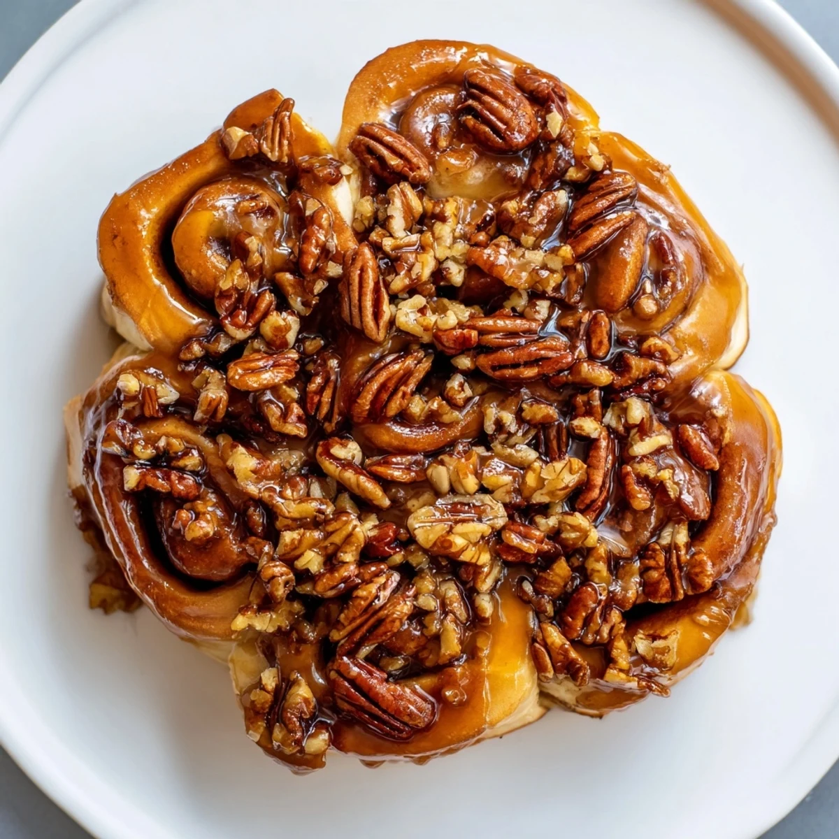 Warm, gooey Pecan and Honey Sticky Buns with visible layers of cinnamon sugar and a glistening glaze.