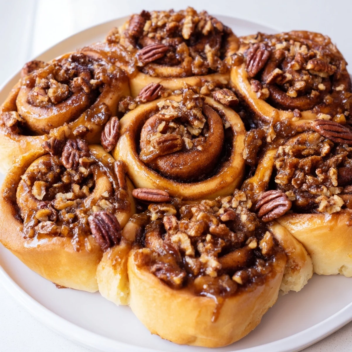 Golden-brown Pecan and Honey Sticky Buns, featuring sticky caramel and a nutty pecan topping.