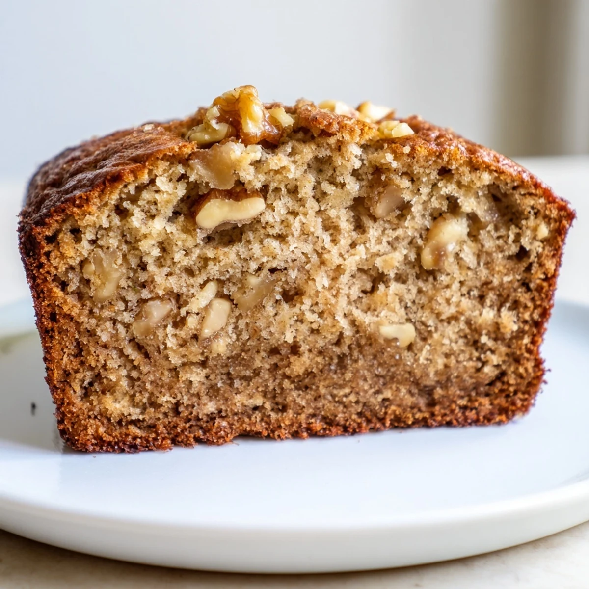 A moist slice of Simple Banana Bread, perfect for pairing with a cup of coffee and enjoying.