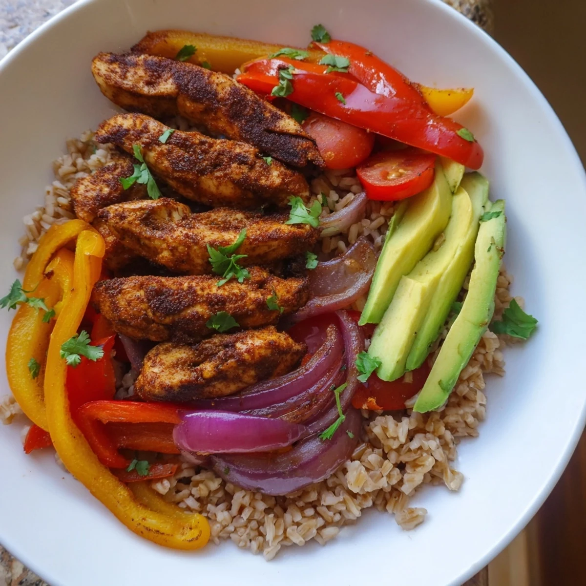 These Make-Ahead Chicken Fajita Meal Prep Bowls showcase the colorful components: chicken, peppers, and beans; a delicious, complete lunch.