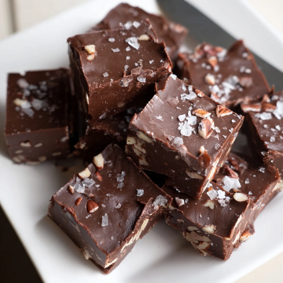 A glossy, homemade Easy Chocolate Fudge, smooth and ready to cut into perfect squares for sharing.