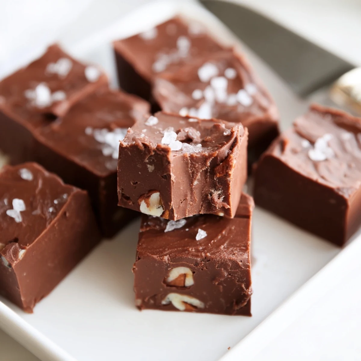 Close-up of decadent Easy Chocolate Fudge, meltingly smooth with optional chopped nuts visible.