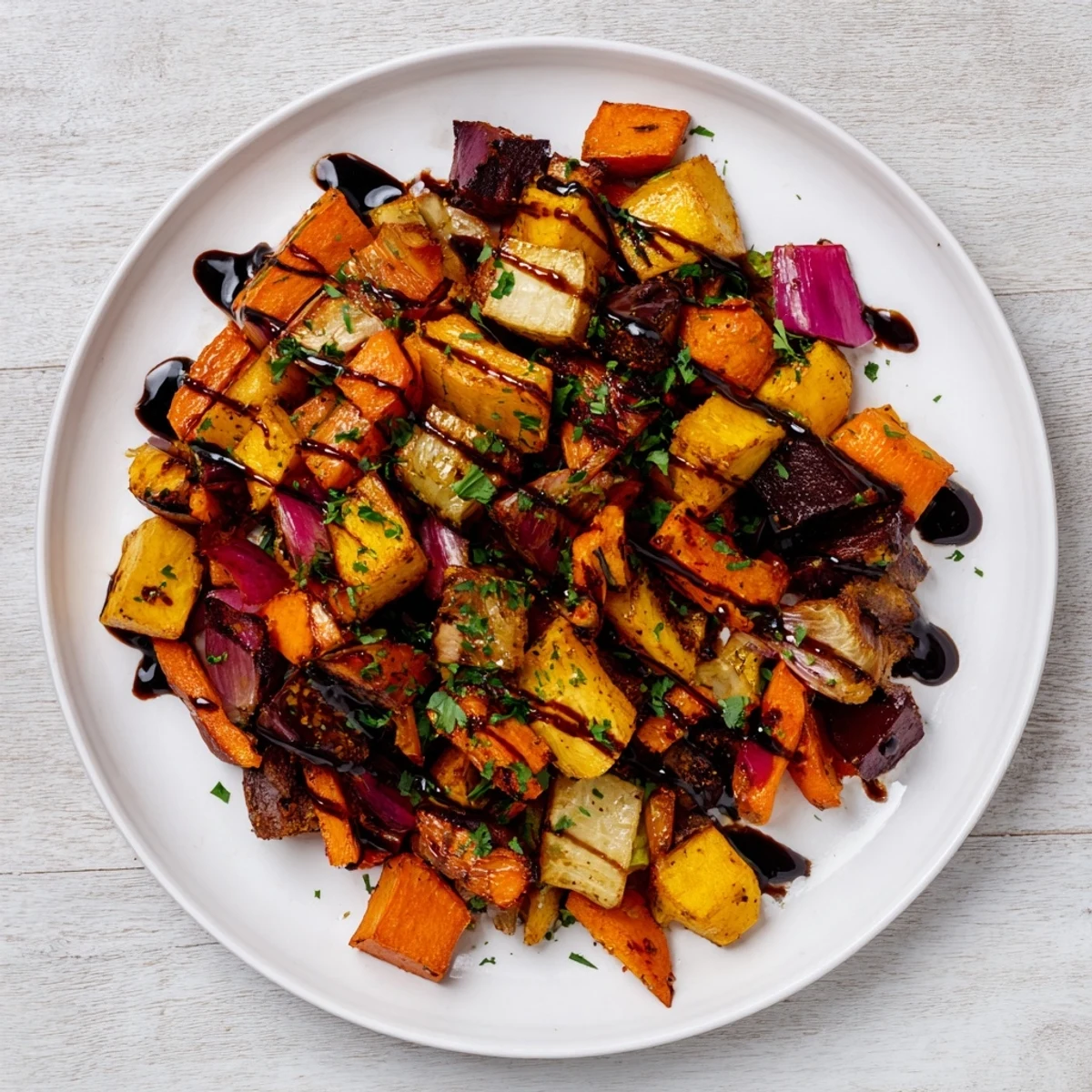 Oven-roasted root vegetable medley glistening with balsamic glaze, a colorful and savory side dish.