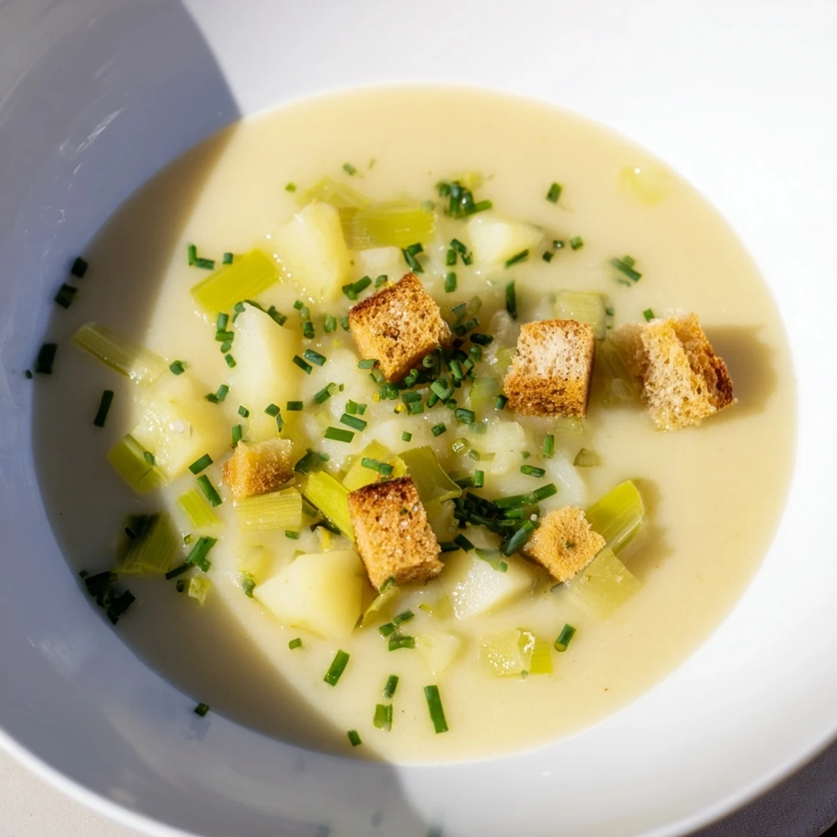Creamy Quick & Simple Potato and Leek Soup: imagine the smooth texture with a garnish of fresh chives.