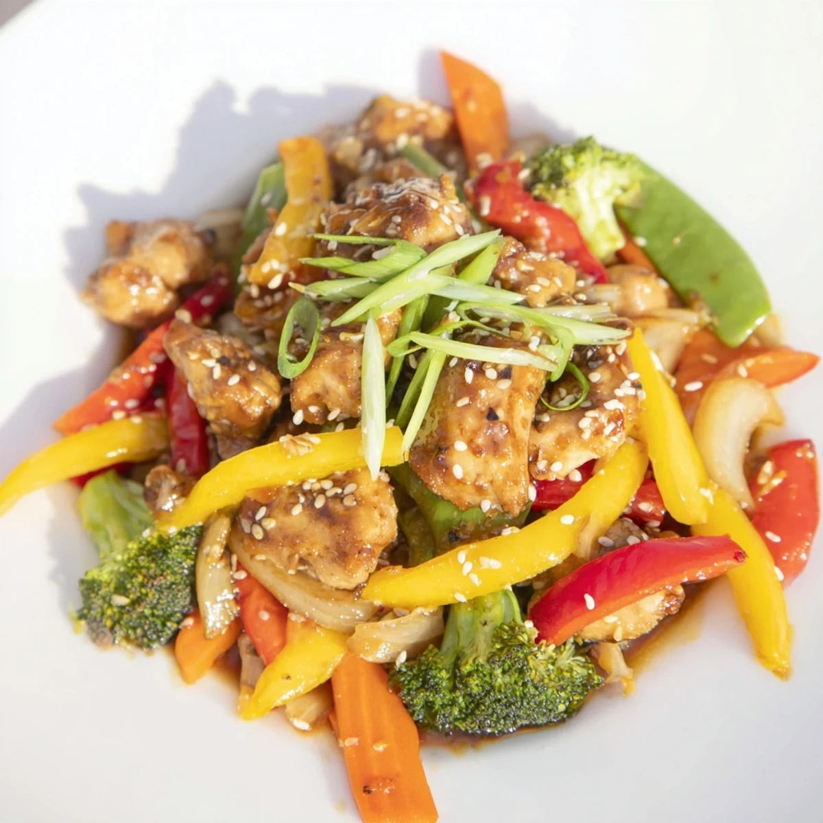 Golden-brown pieces of Sheet Pan Chicken Stir-Fry, generously garnished, ready to enjoy family-style.