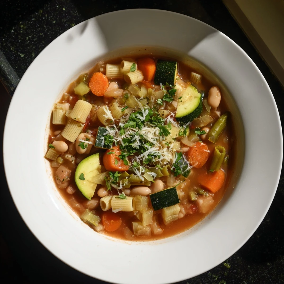 Steaming bowl of Simple One-Pot Minestrone Soup, ready to serve with Parmesan cheese and parsley.