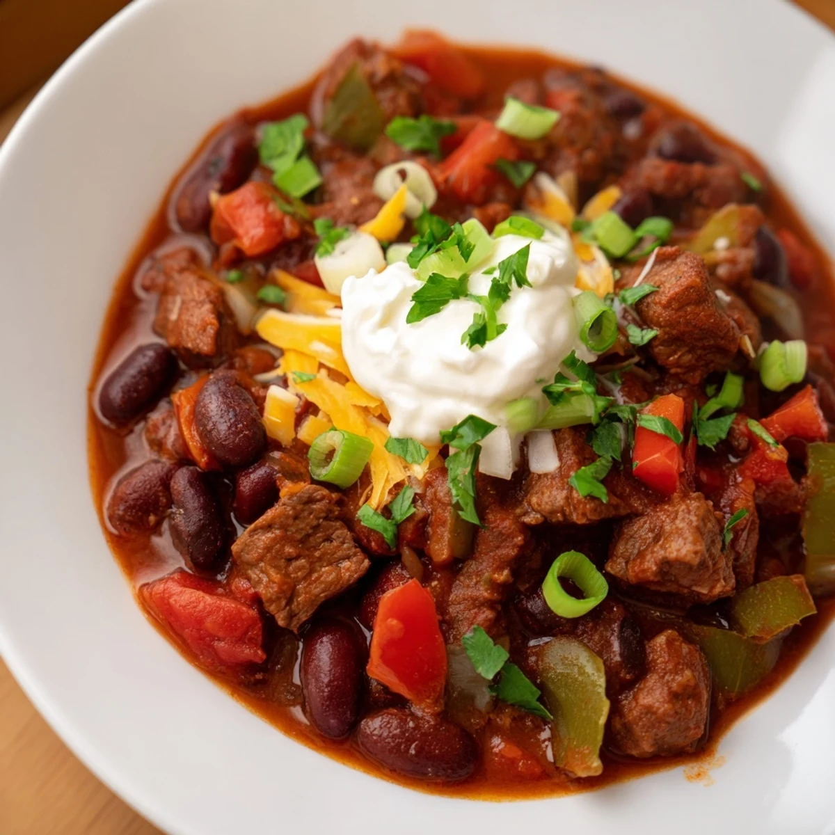 Close-up of hearty Winter Warming Chili con Carne in a bowl, topped with fresh cilantro.