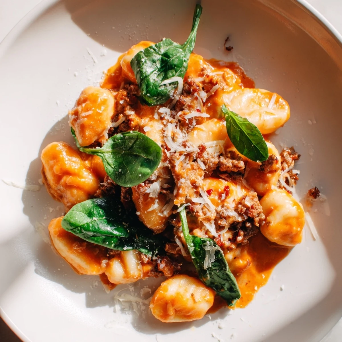 Steaming bowl of creamy tomato and sausage gnocchi, a comforting Italian dinner.