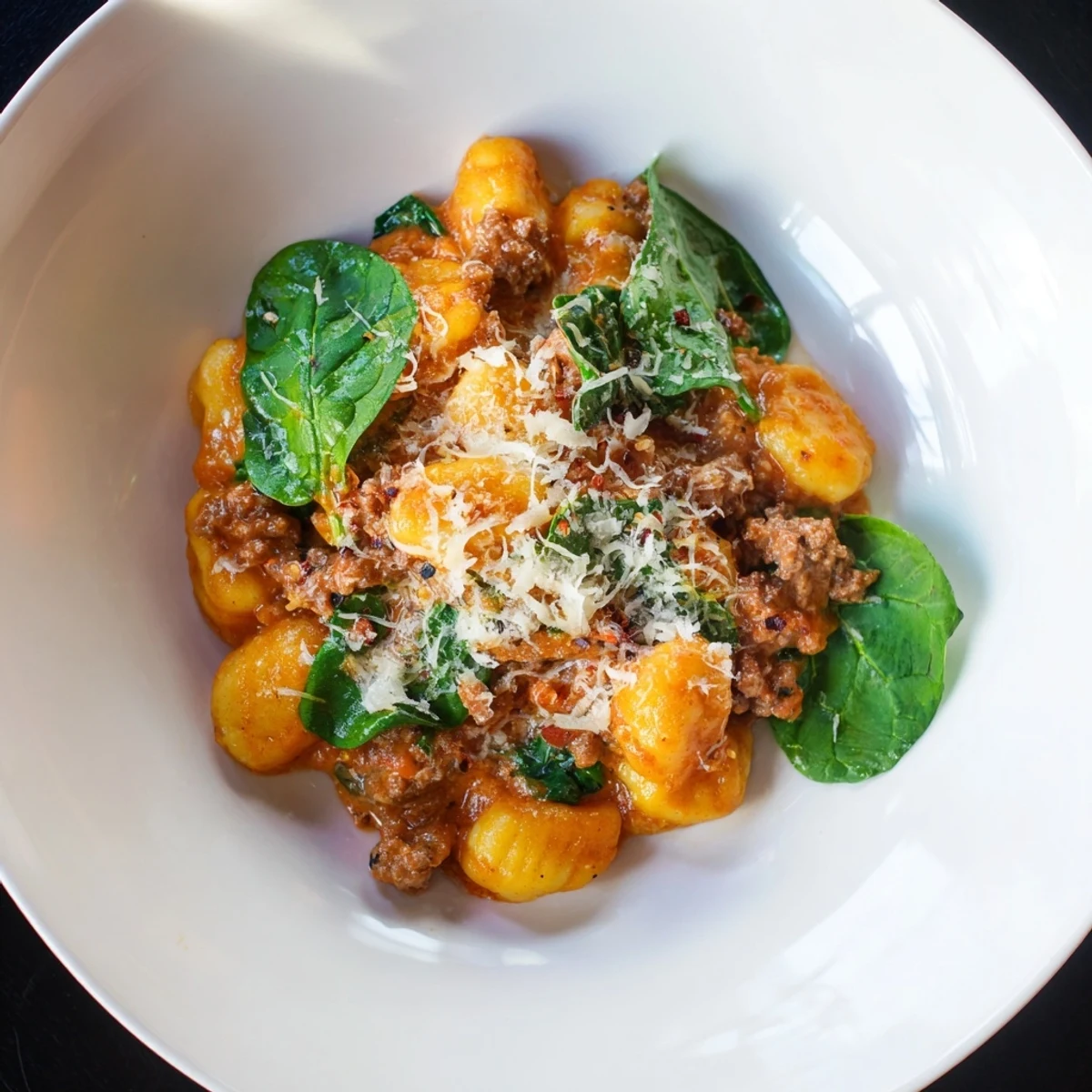 Delicious tomato and sausage gnocchi with parmesan, ready to be enjoyed as a main course.