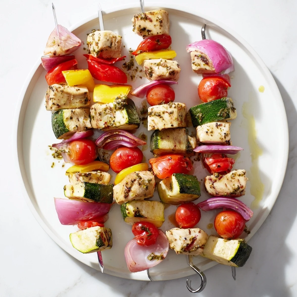 Grilled Chicken and Veggie Skewers with vibrant char marks, perfect for a flavorful summer cookout.