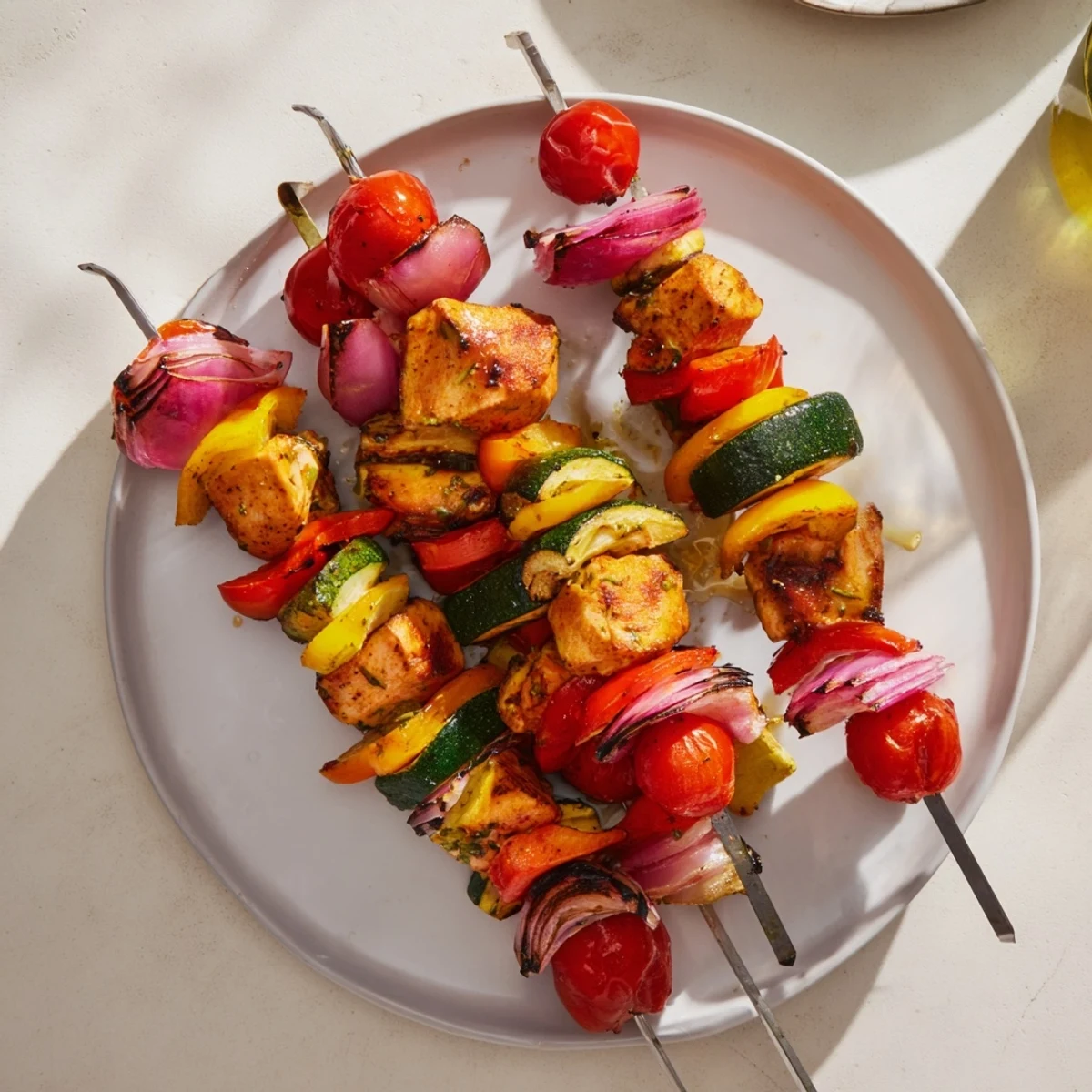 Tender, marinated Chicken and Veggie Skewers, bursting with color and delicious, smoky flavors on the grill.