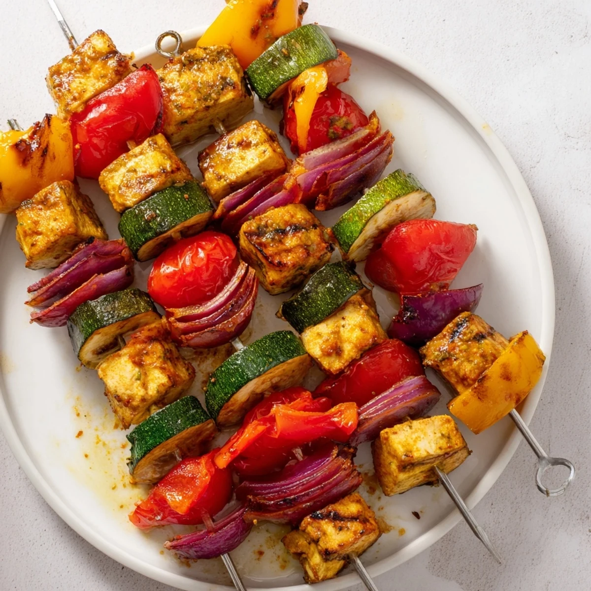 Beautifully grilled Chicken and Veggie Skewers, showcasing juicy chicken and tender, slightly charred vegetables ready to eat.
