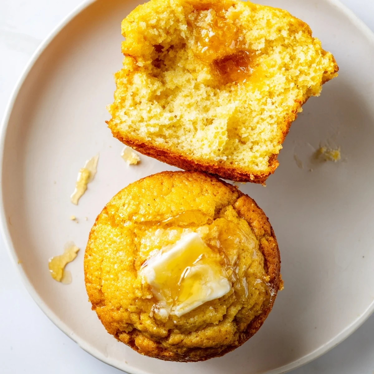 Close-up of fluffy Honey Butter Cornbread Muffins with a drizzle of honey, ready to eat.