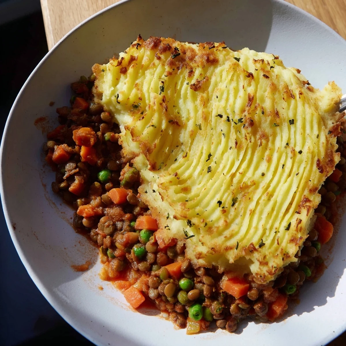 Steaming hot Hearty Lentil Shepherds Pie with a golden mashed potato topping, perfect for dinner.