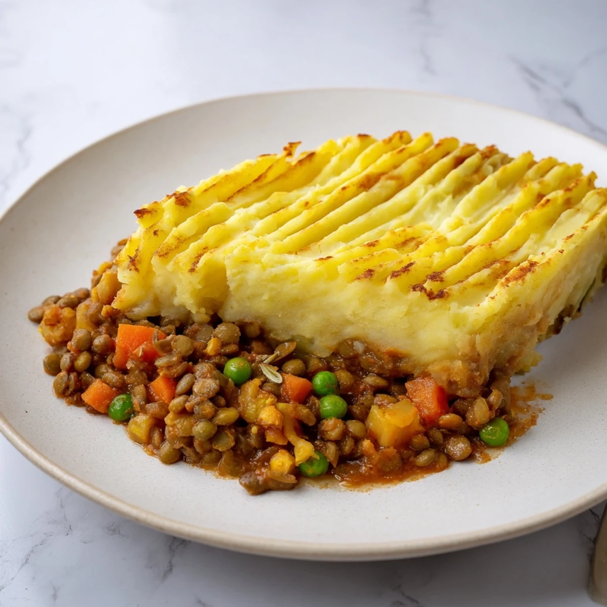Savory lentil filling under fluffy mashed potatoes creates this delicious Hearty Lentil Shepherds Pie.