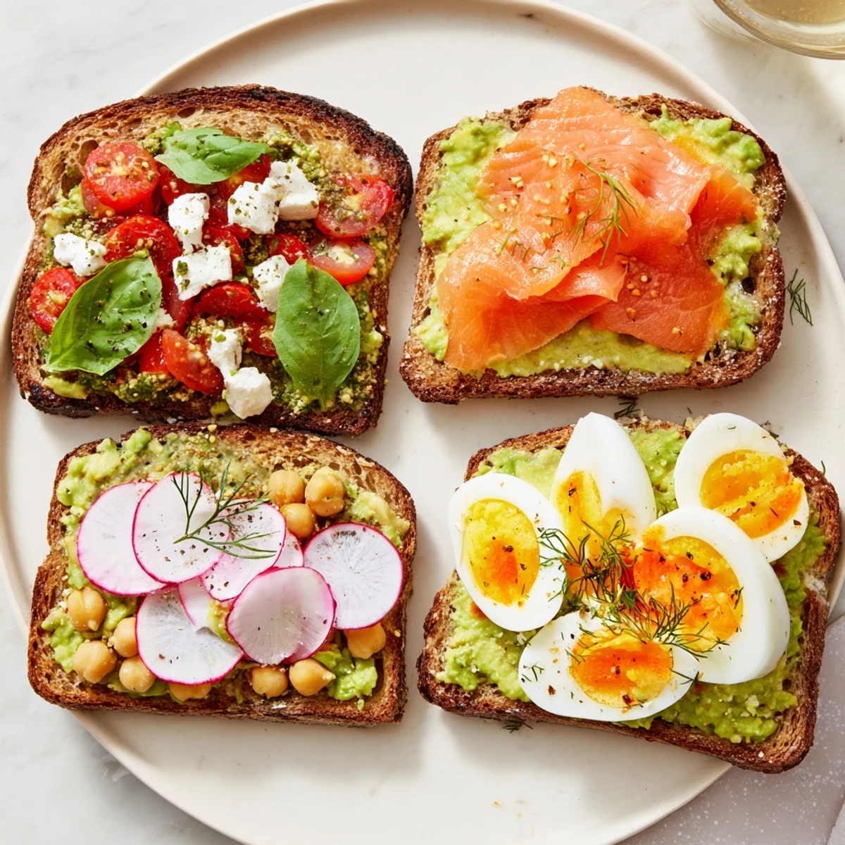 Creamy avocado toast four ways, featuring vibrant toppings on toasted rustic bread, ready to eat.