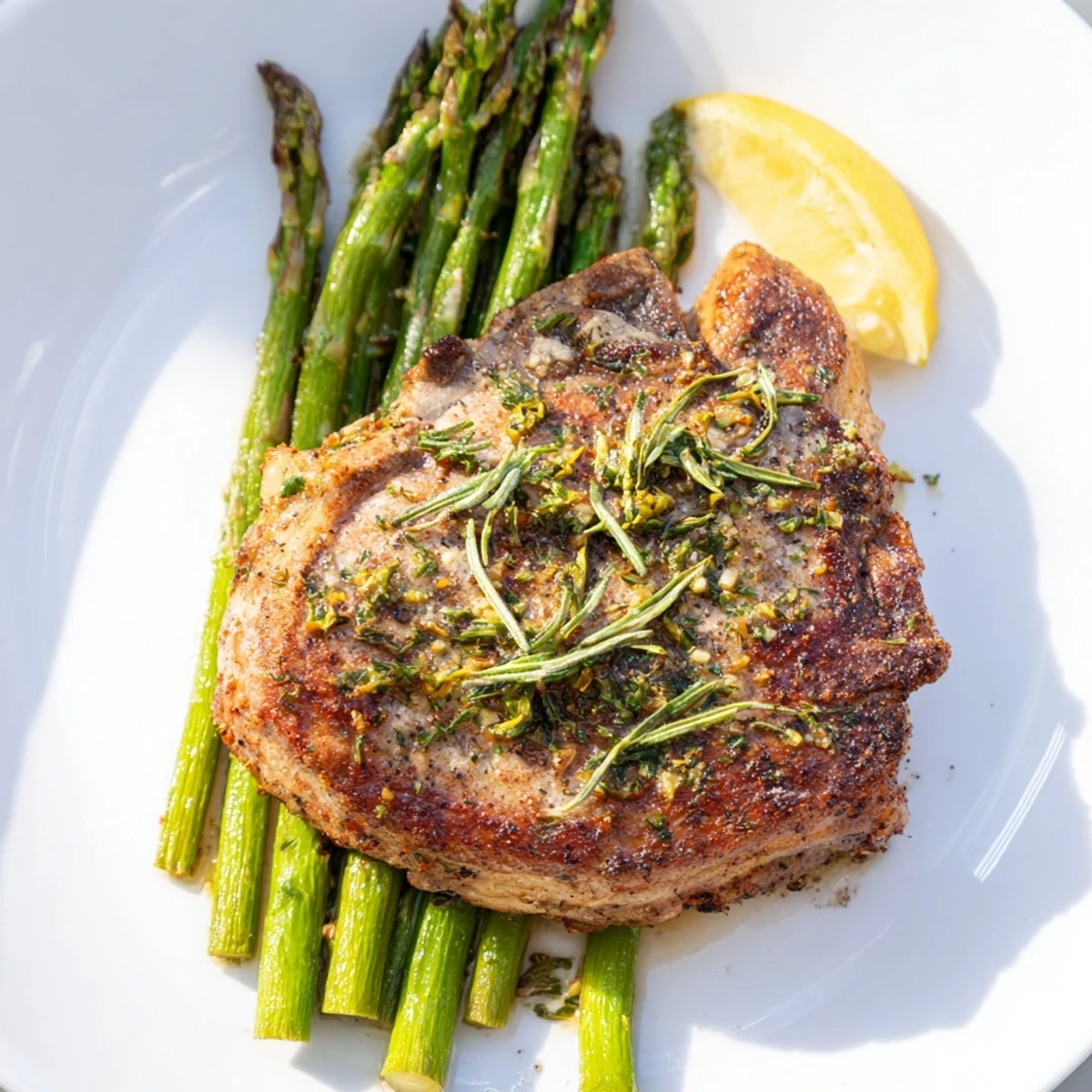 Golden-brown One-Pan Lemon Herb Pork Chops nestle beside tender asparagus, a flavorful weeknight dinner.