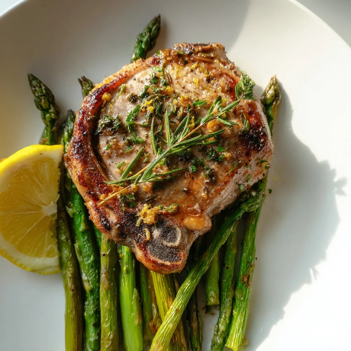 Enjoy a savory image of the One-Pan Lemon Herb Pork Chops featuring herbs and lemon zest.