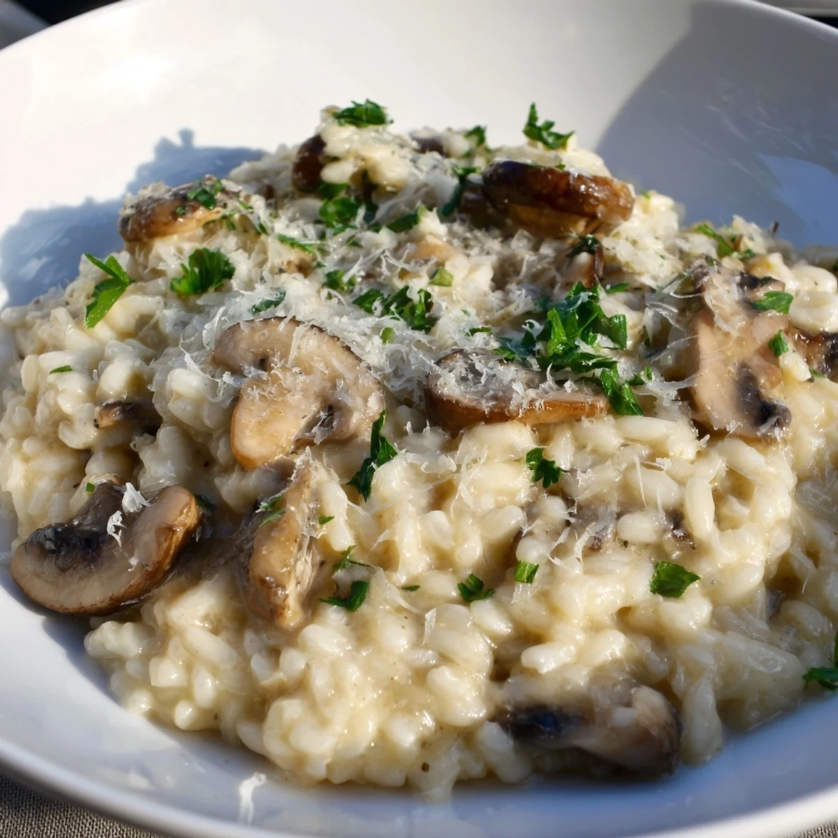 A close-up of finished stove-top creamy risotto, rich and swirled with grated Parmesan cheese.