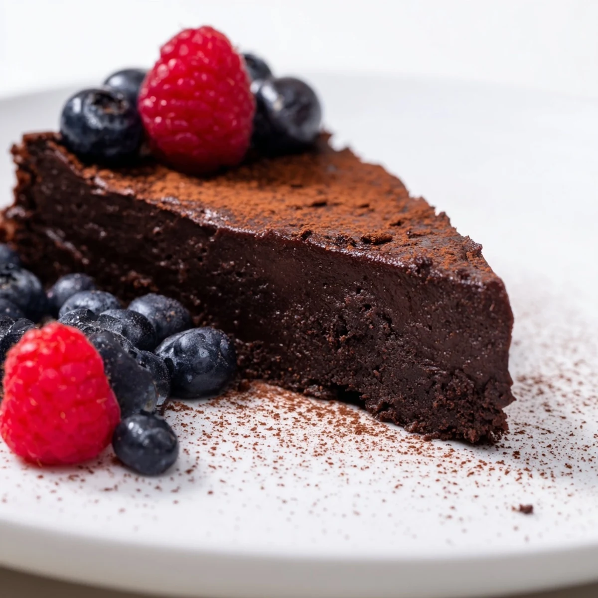 A slice of decadent flourless chocolate cake with a dusting of cocoa, ready to eat.