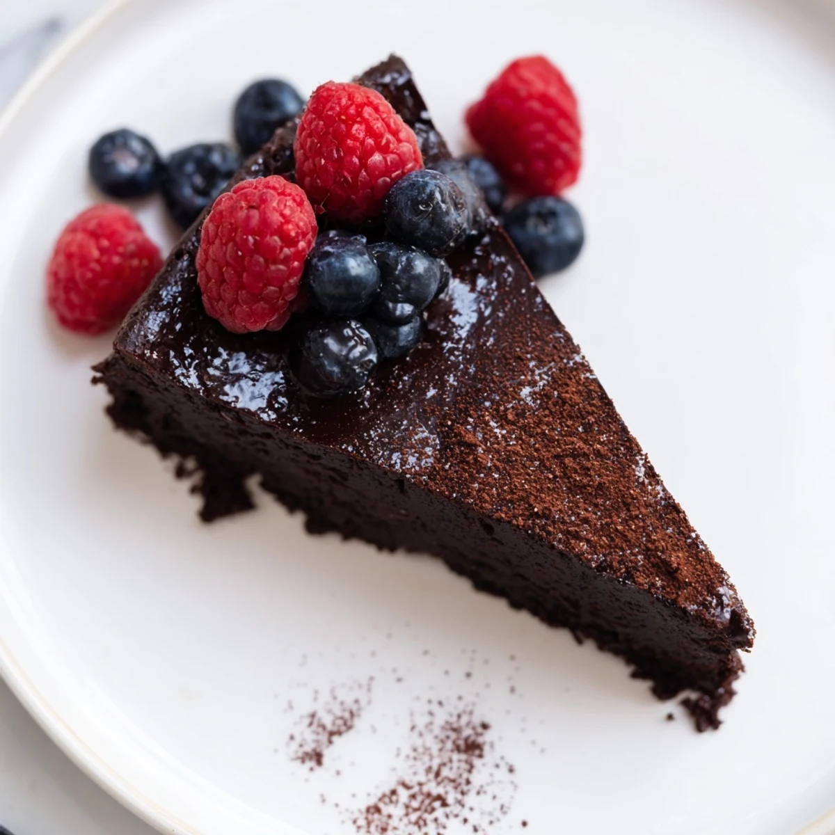 View of a glossy, rich decadent flourless chocolate cake, perfect for a gluten-free dessert option.