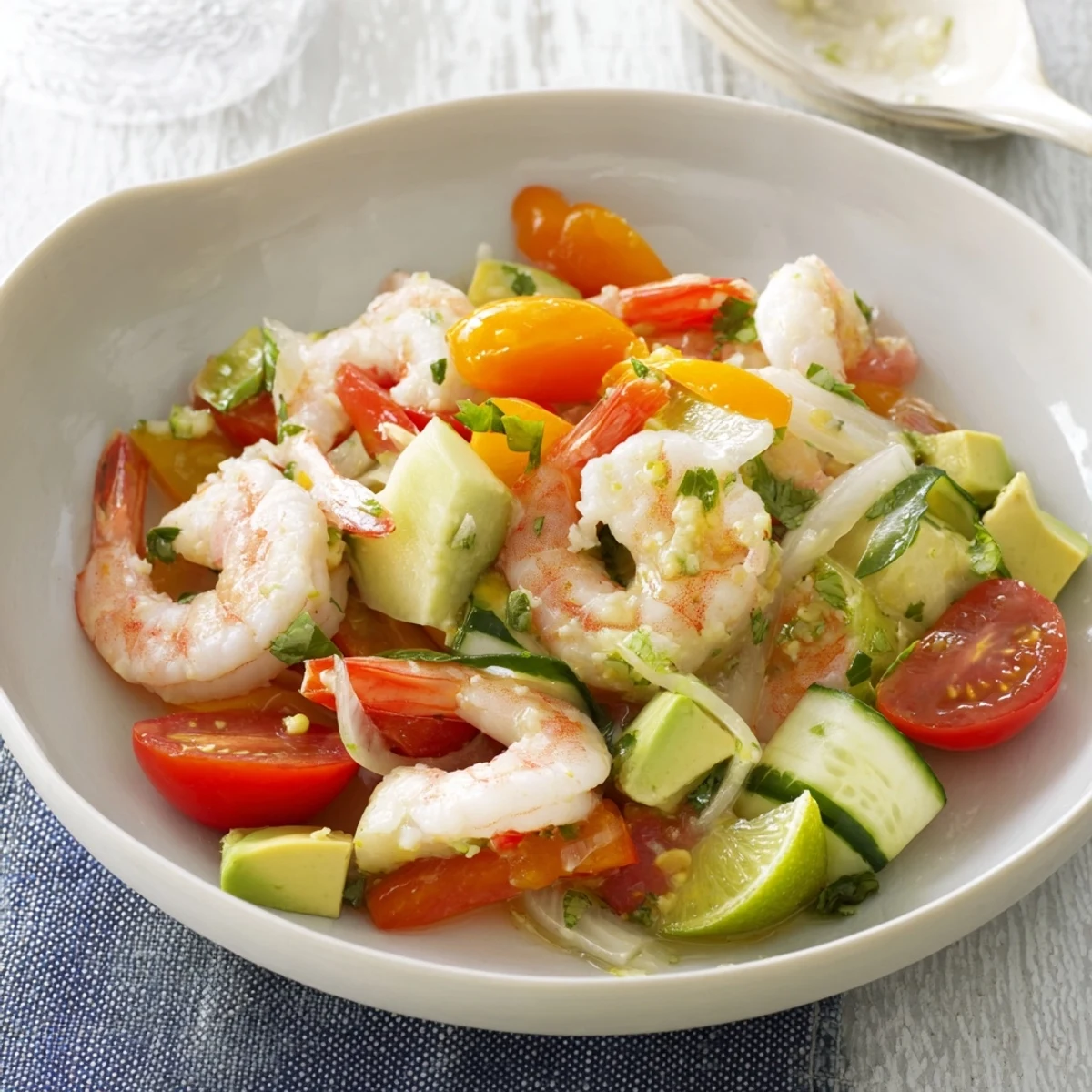 Look at this beautiful bowl of Light & Fresh Shrimp Ceviche with lime wedges, perfect for sharing.