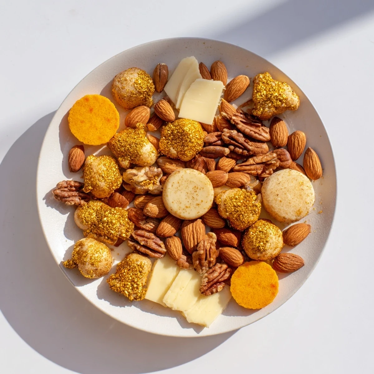A beautifully arranged Gilded Acorn charcuterie board, featuring golden almonds and acorn cheese cutouts for a special occasion.