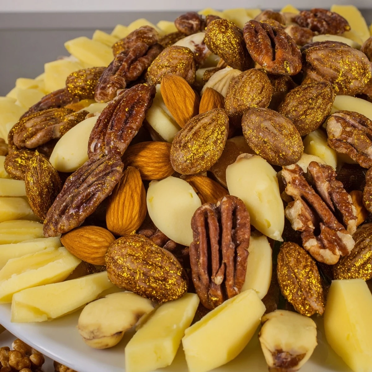 Elegant Gilded Acorn appetizer platter: imagine the rich cheeses, nuts, and golden-dusted almonds ready to serve.
