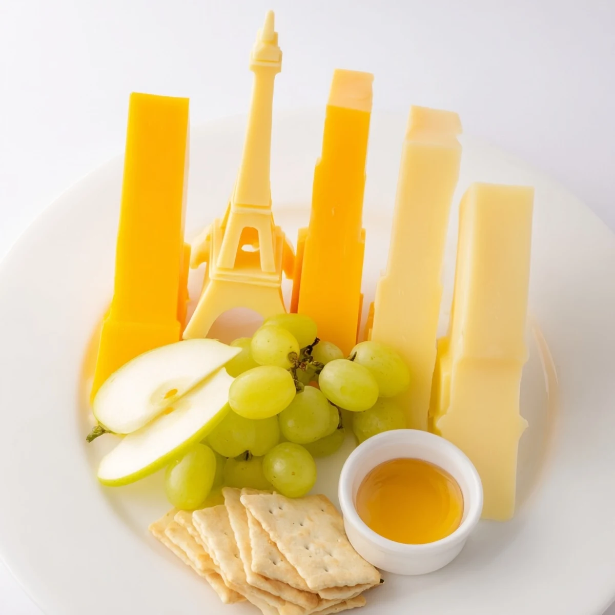 Skyline Silhouette cheese platter showcases iconic buildings cut from cheddar and Gruyère, served with fruit.