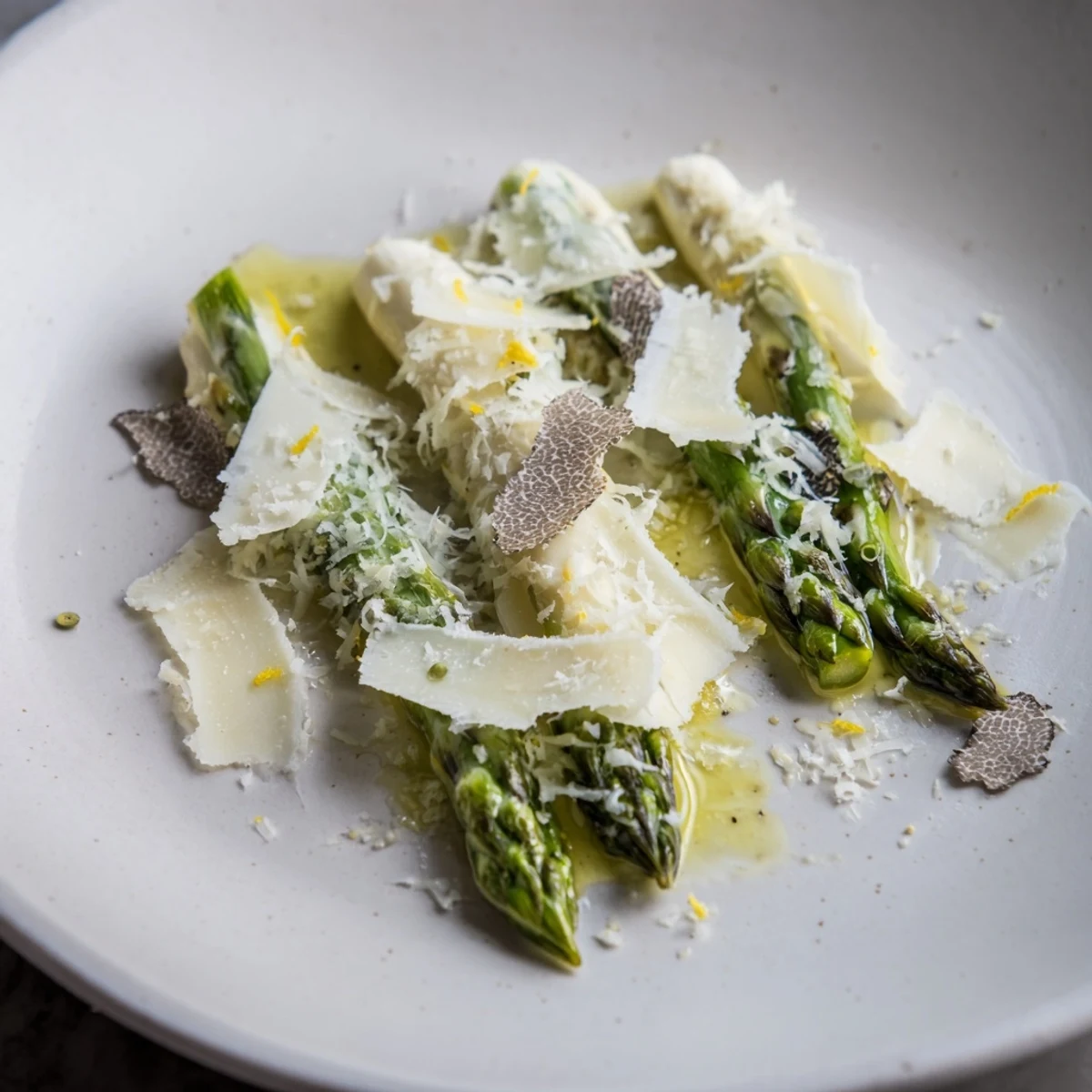 Elegant Silver Birch starter features tender asparagus, creamy cheeses, and fragrant truffle ribbons.