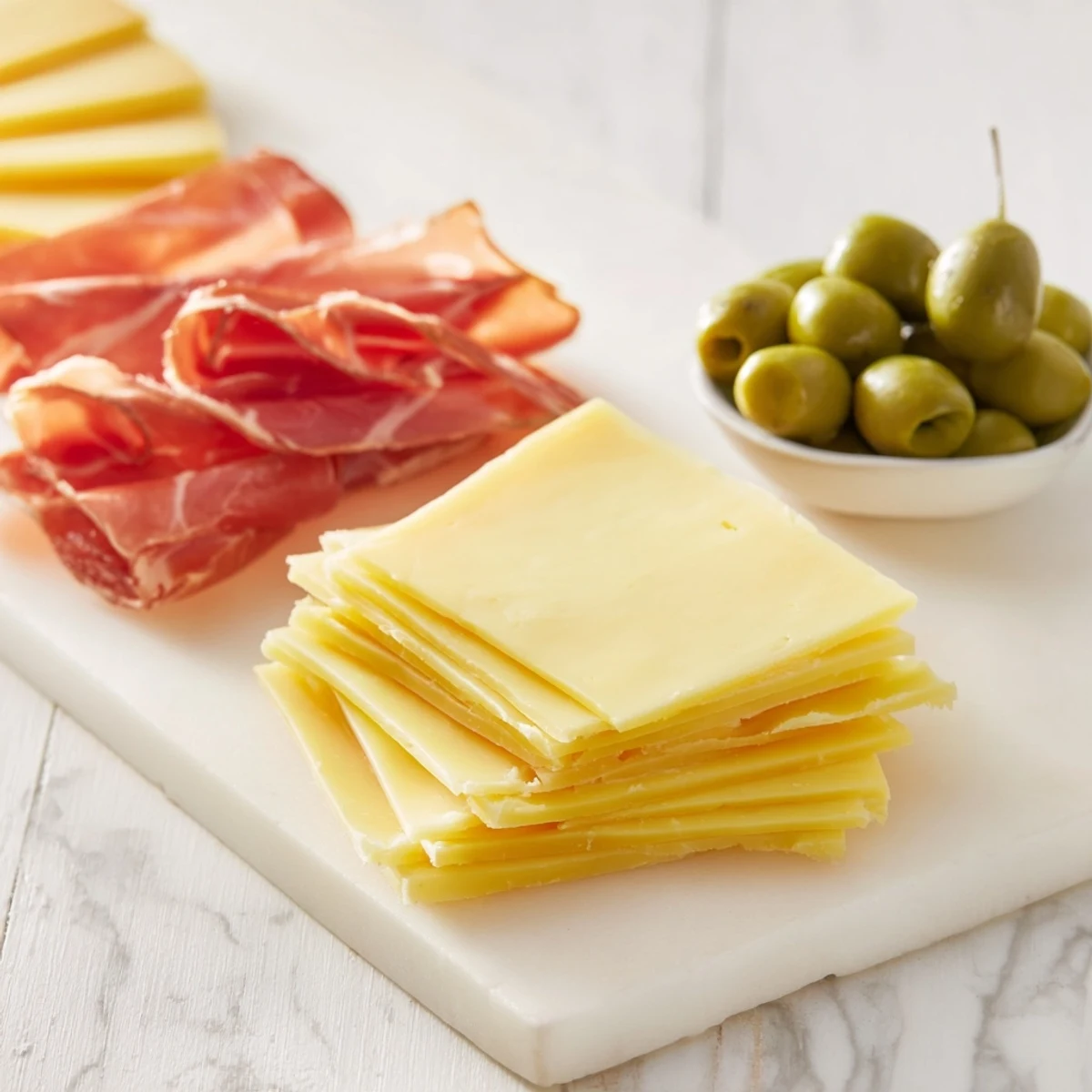 Elegant cheese board presentation featuring the Minimalism Master recipe with Comté, olives, and Iberian ham.