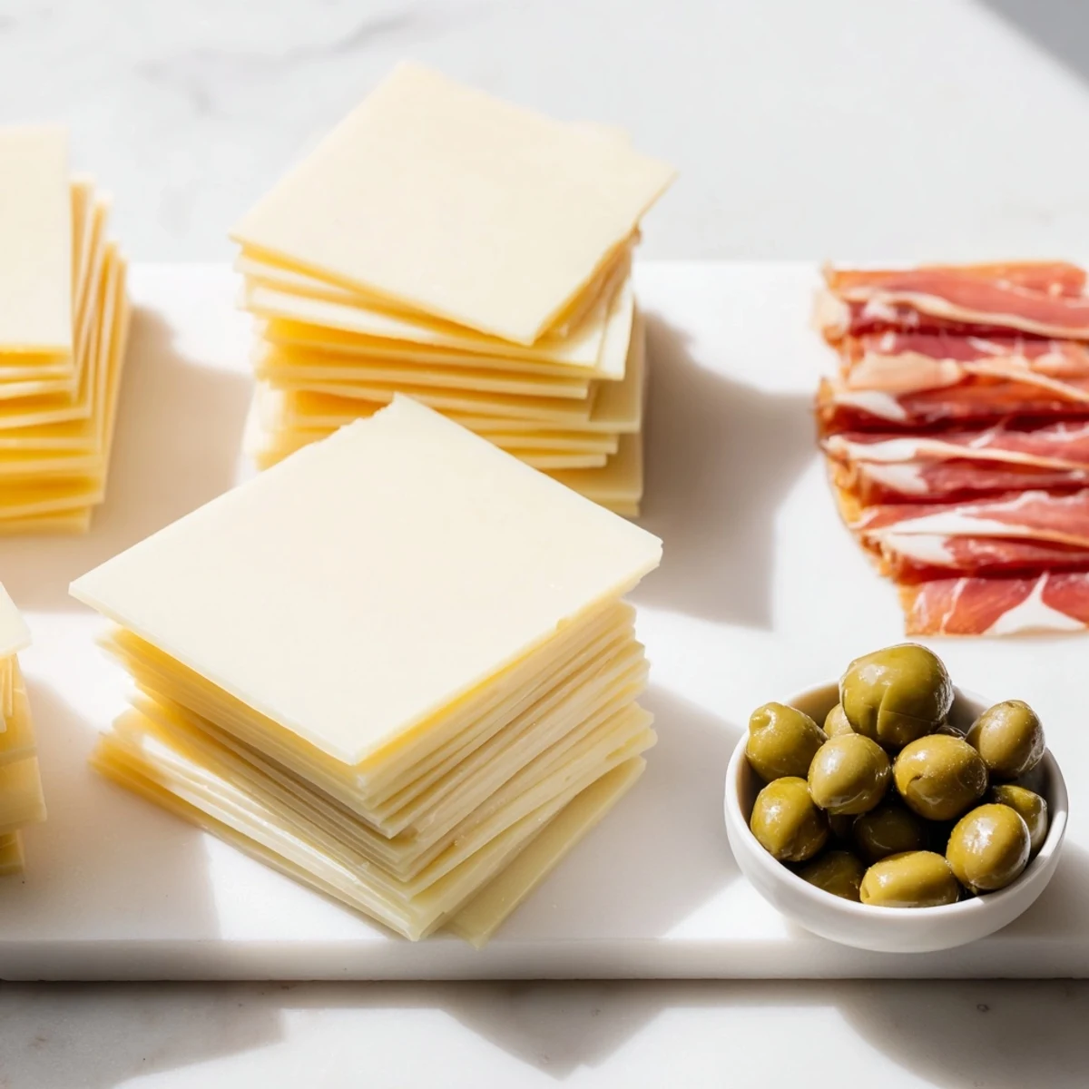 Perfectly arranged Minimalism Master appetizer, showcasing the rich flavors of cheese, ham, and olives, served chilled.
