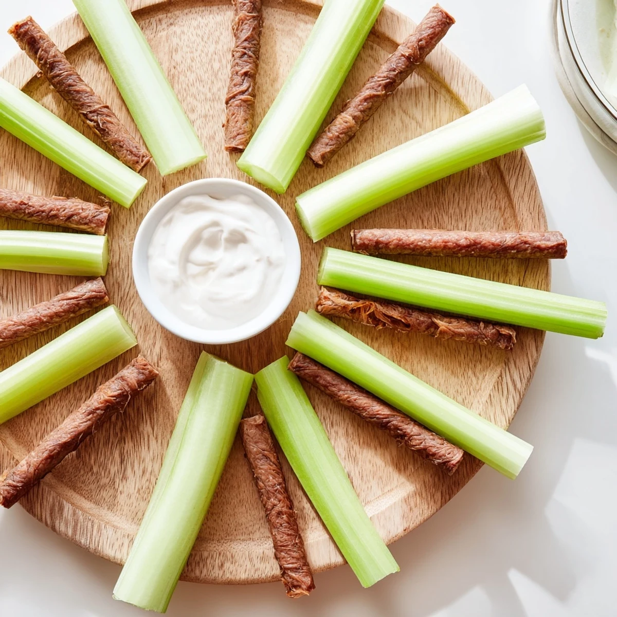 The Rustic Wheel appetizer, a vibrant platter of celery and savory meat sticks ready to share.