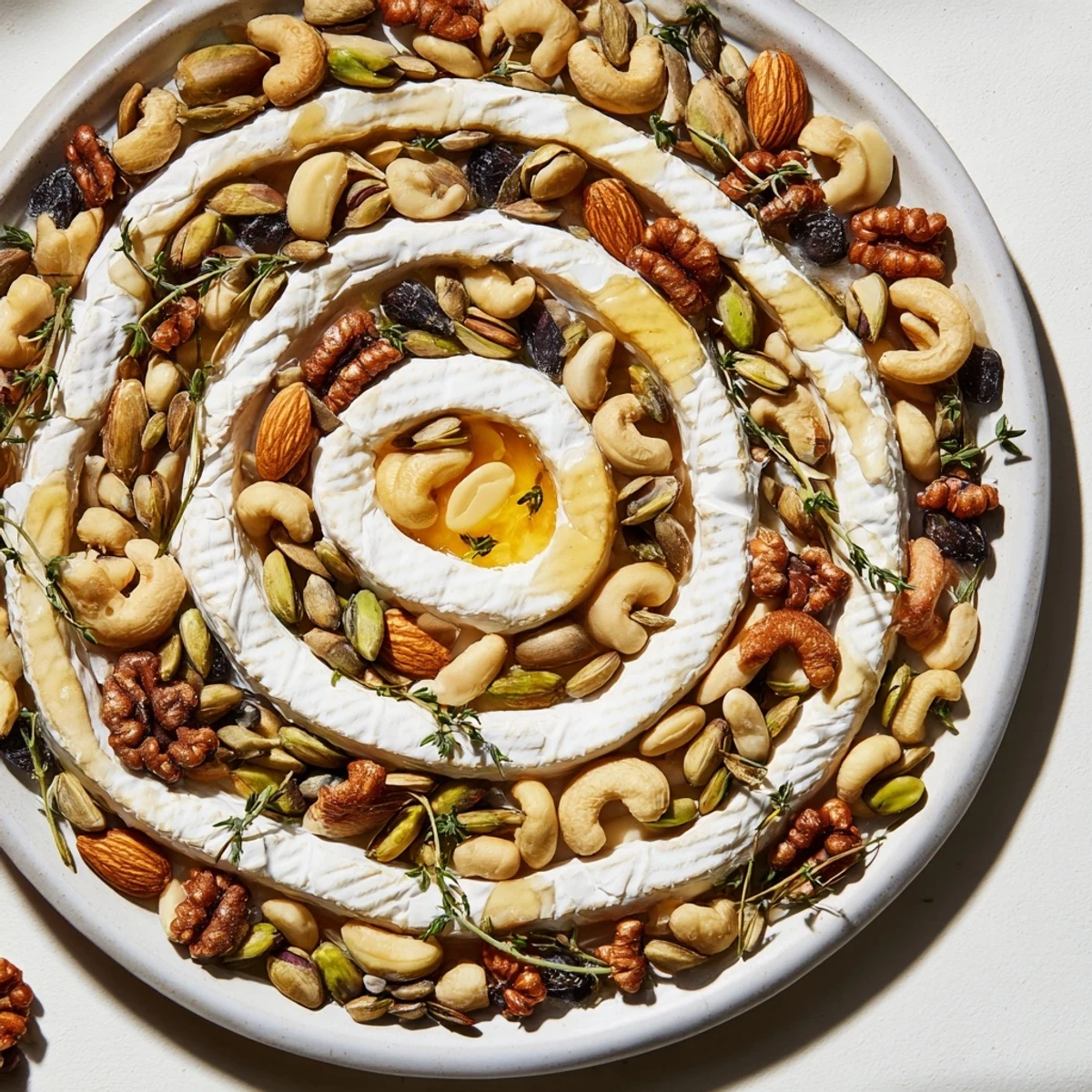 The Labyrinth appetizer features a maze of mixed nuts and seeds surrounding creamy cheese, ready to enjoy.
