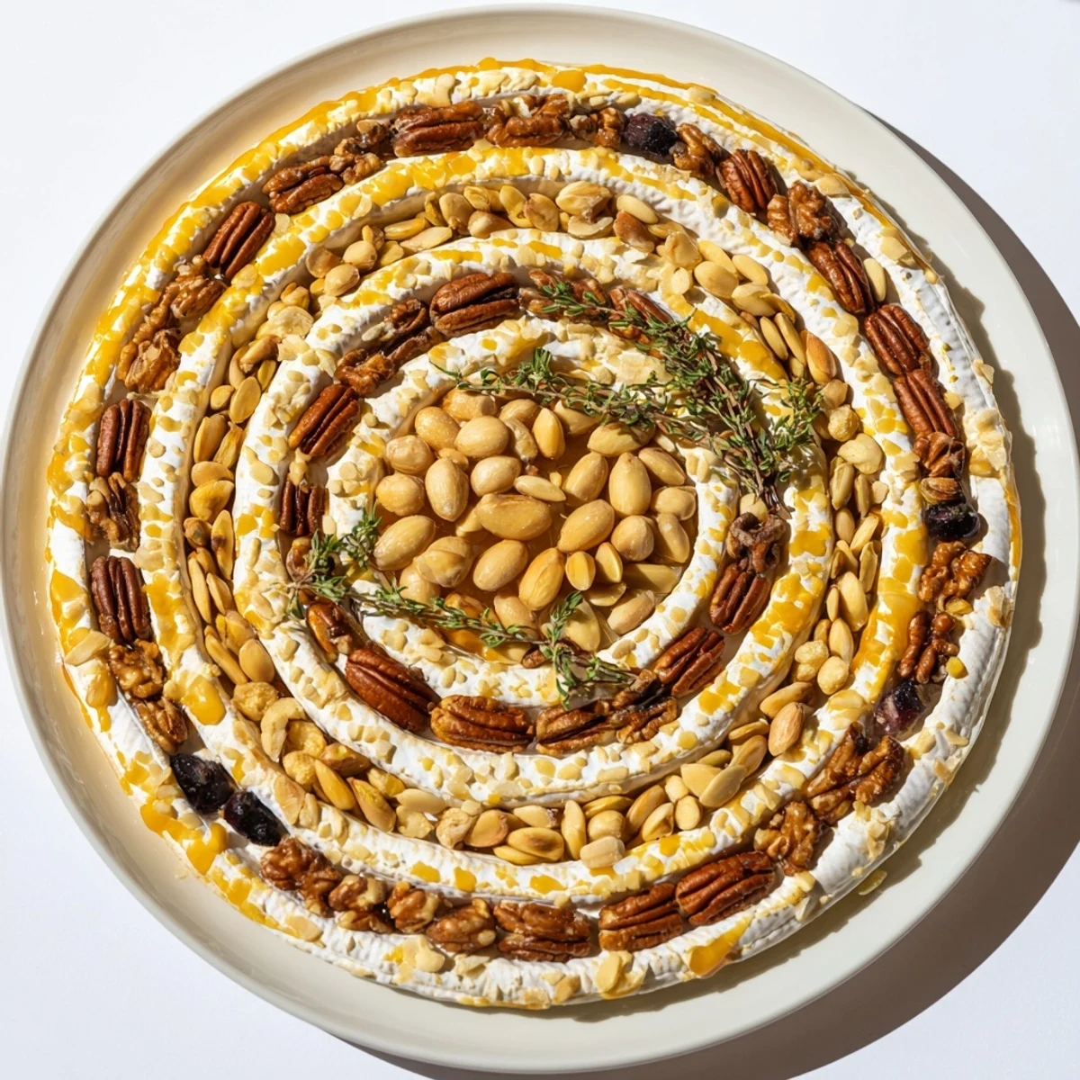 A visually appealing photo of The Labyrinth, a grazing board with nuts, seeds, and soft cheese.
