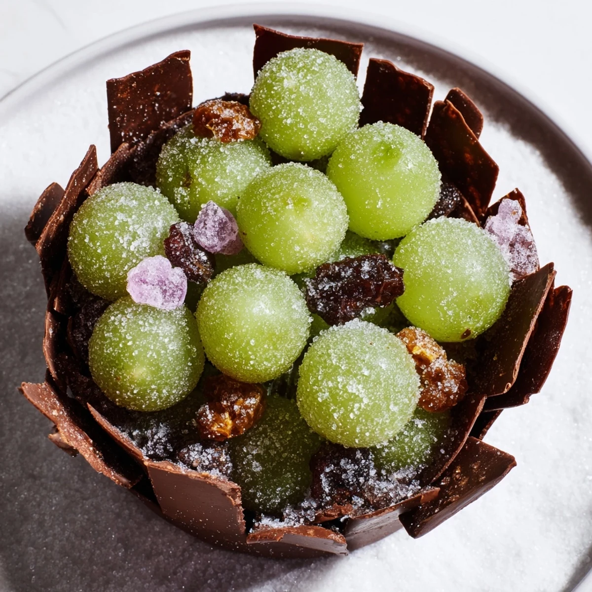 Shimmering green grapes and rock candy gleam within The Crystal Cave, built of dark chocolate crackers.