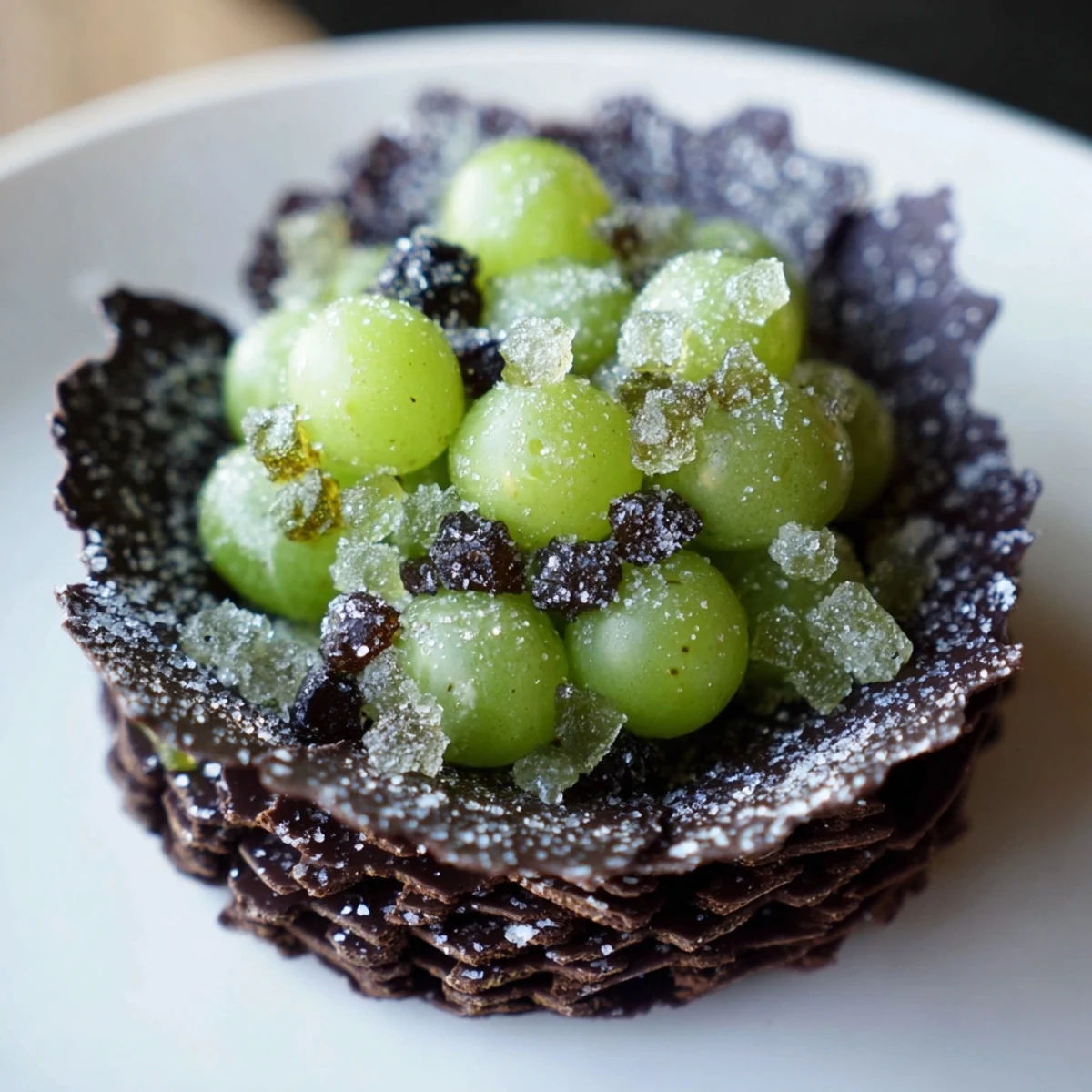 A fantastical dessert, The Crystal Cave presents sugared grapes and candy "hidden" in dark chocolate.