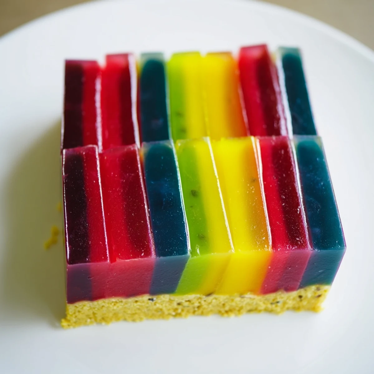 A close-up of The Kaleidoscope dessert, showcasing colorful V-shaped segments, a bright and fun dessert.