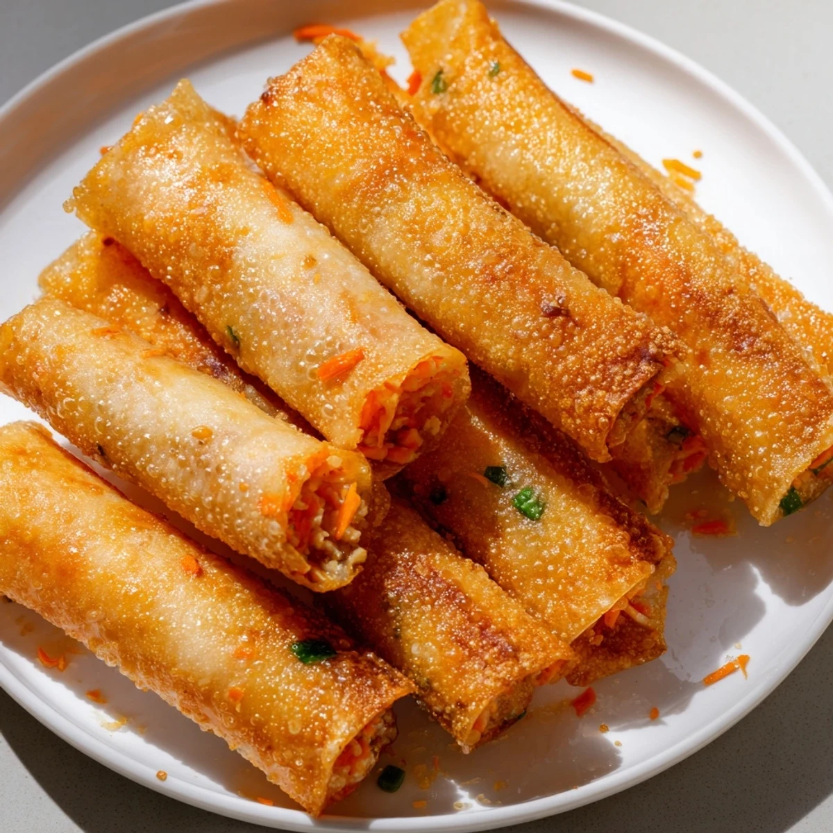 Close-up of freshly air fried chicken lumpia bites, showing the golden, flaky texture and filling.
