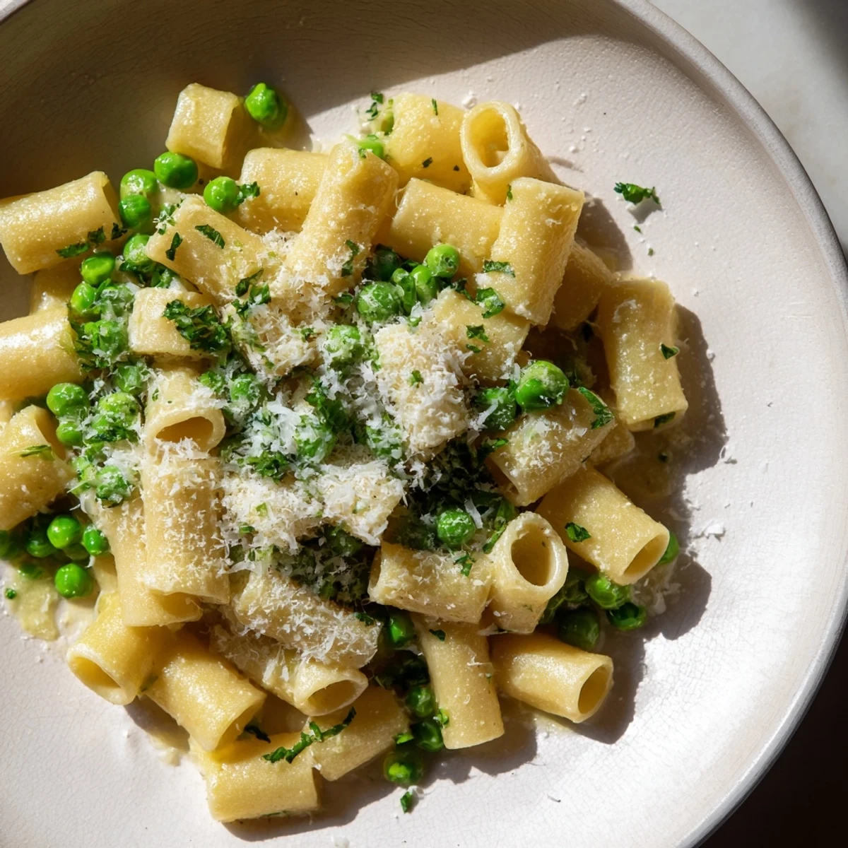 Steaming bowl of Garlic Butter Ditalini with bright green peas and Parmesan; a simple, satisfying meal.