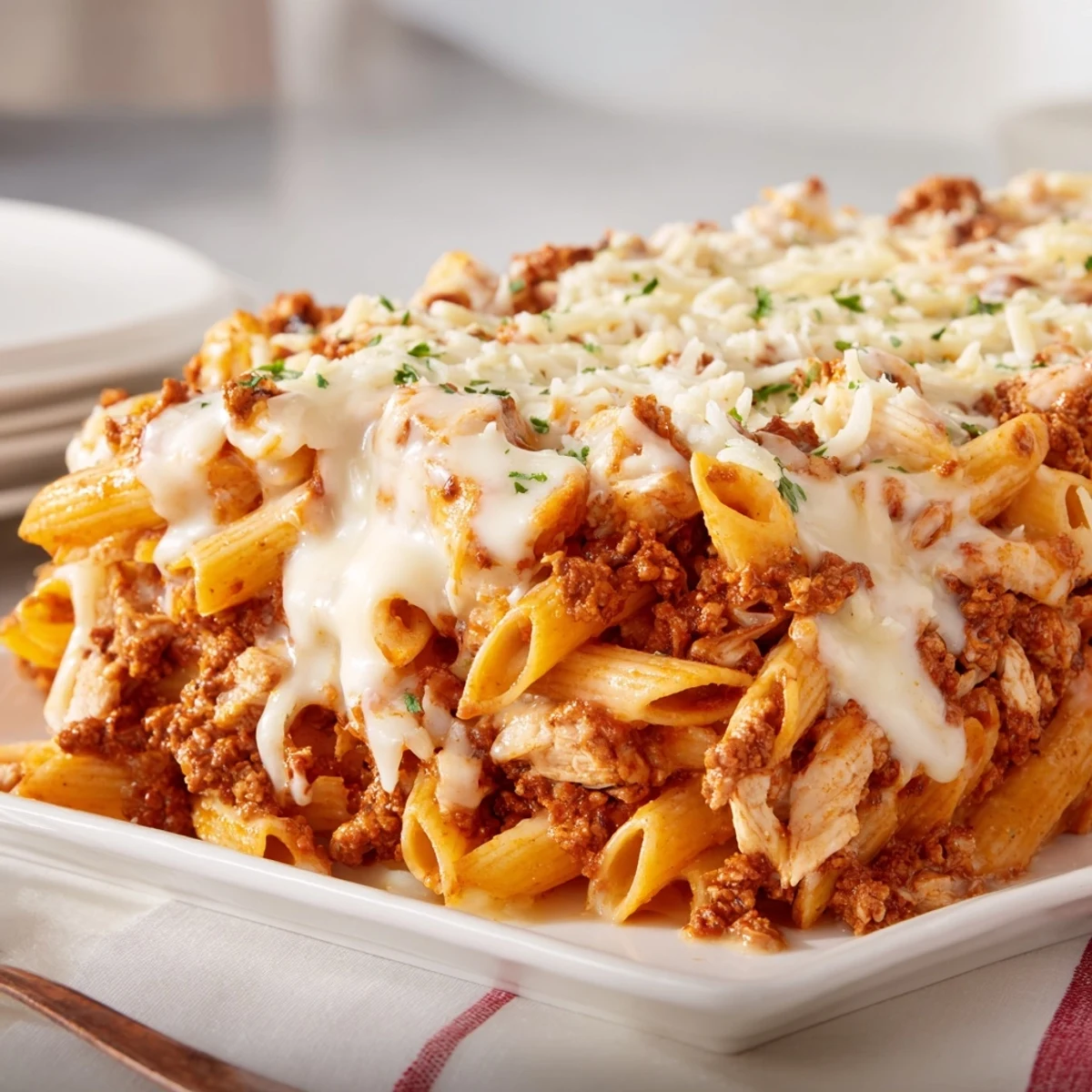 Steaming Moist Maker Pasta Casserole with layers of turkey and pasta, perfectly moist and flavorful.