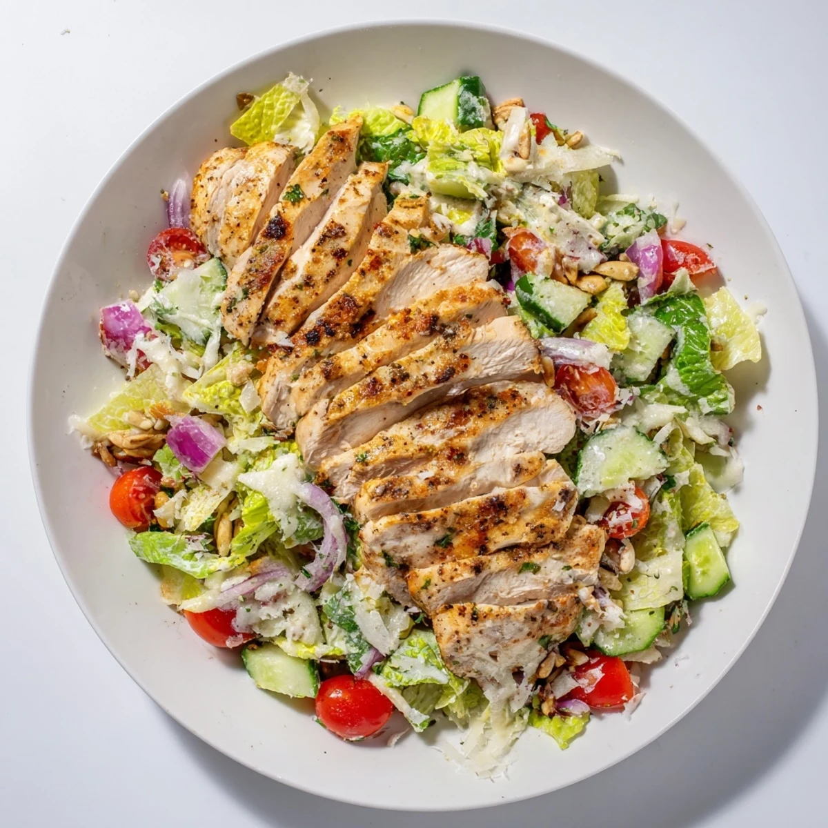 Chicken Caesar Pasta-less Bowl with grilled chicken and fresh, vibrant salad ingredients.