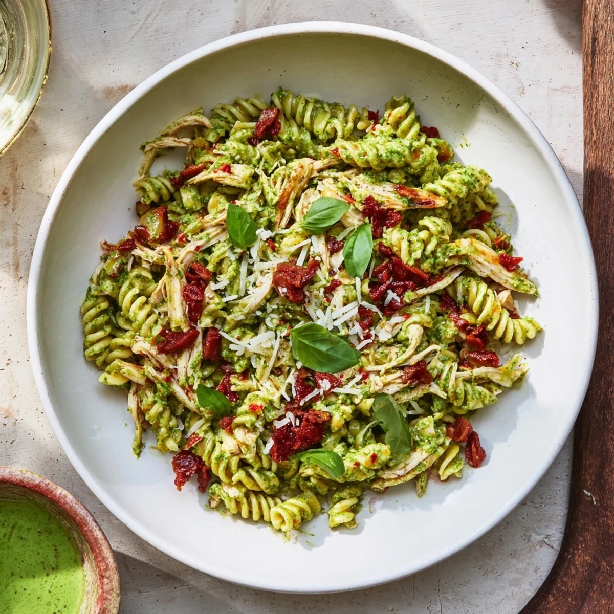 Savory 10-Minute Pesto Pasta with Chicken, garnished with fresh basil awaiting a delicious forkful.