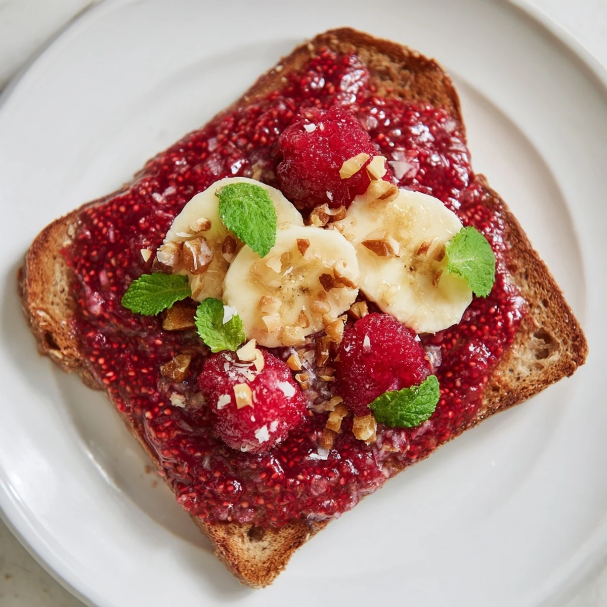 Bright red raspberry chia jam spread thickly on warm, golden-brown toast, ready for a delicious bite.