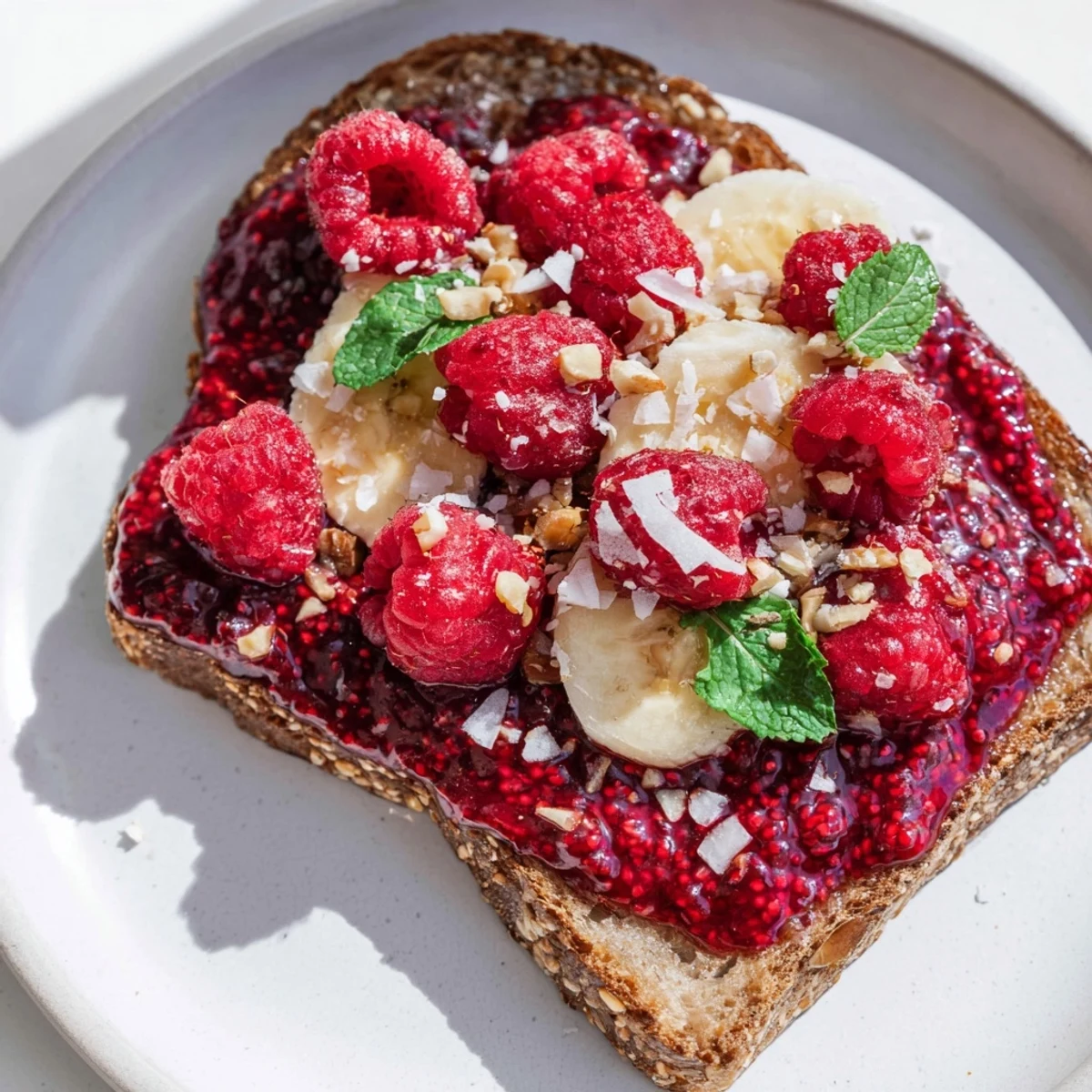 A close-up of beautifully textured raspberry chia jam toast, drizzled with honey and ready to enjoy.