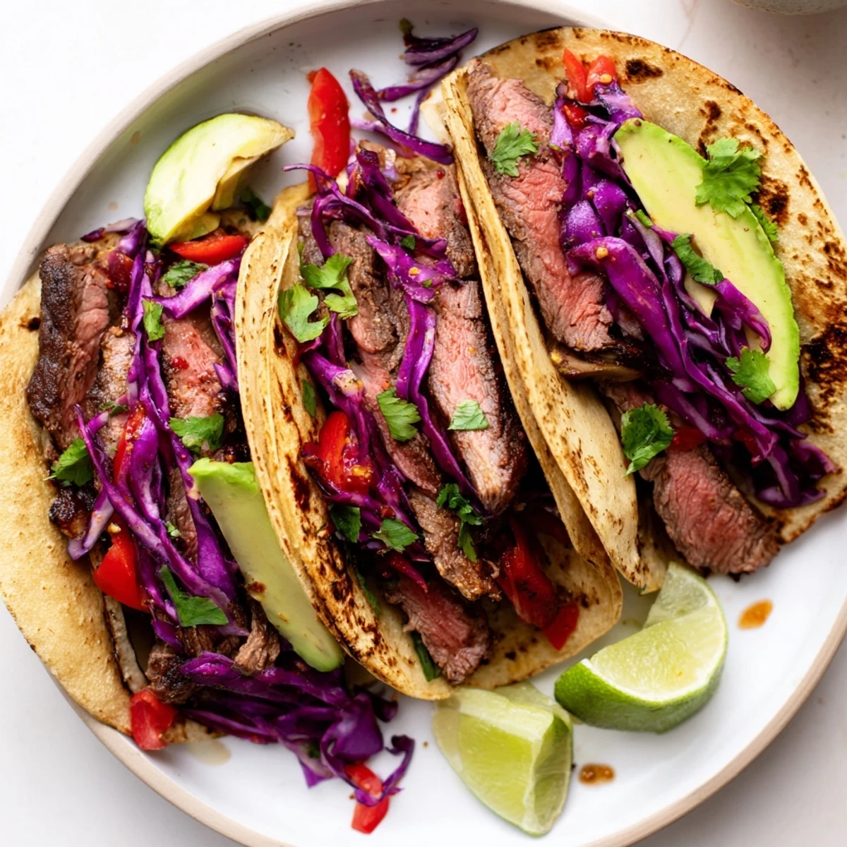 Coffee-Rubbed Steak Tacos, sliced steak glistening with spice, ready with fresh toppings in warm tortillas.