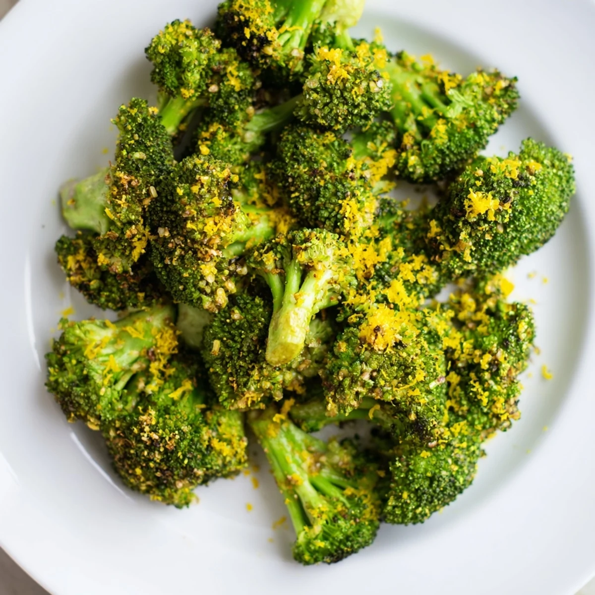 A close-up view displays perfectly roasted Lemon Garlic Roasted Broccoli, sprinkled with zesty lemon.
