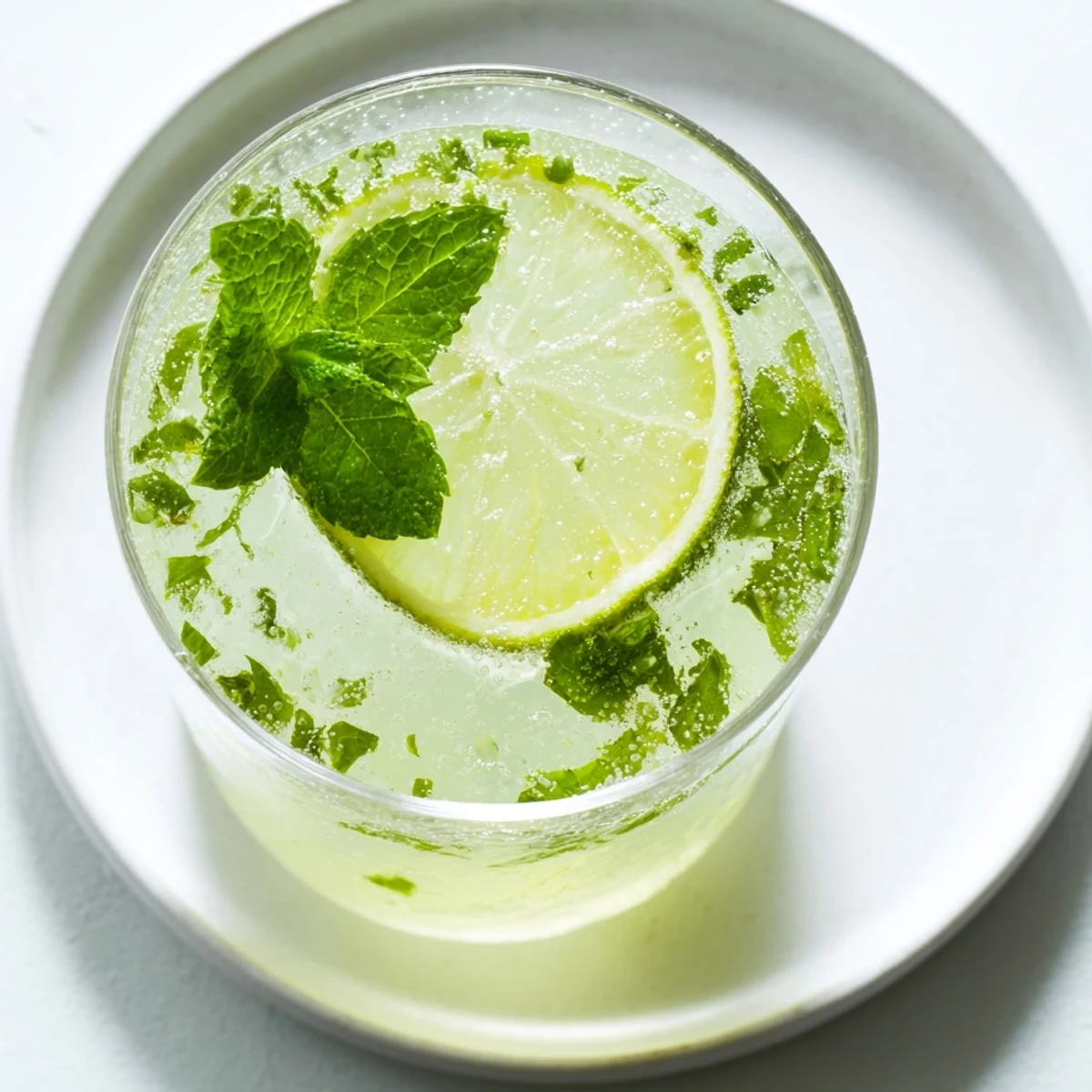 Refreshing Mint Lime Agua Fresca, garnished with lime, offers a burst of citrus flavor.