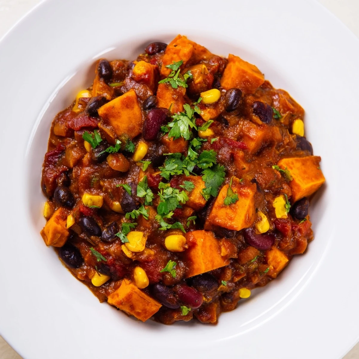 Hearty Smoky Sweet Potato Chili, brimming with beans and spices ready to warm you up.