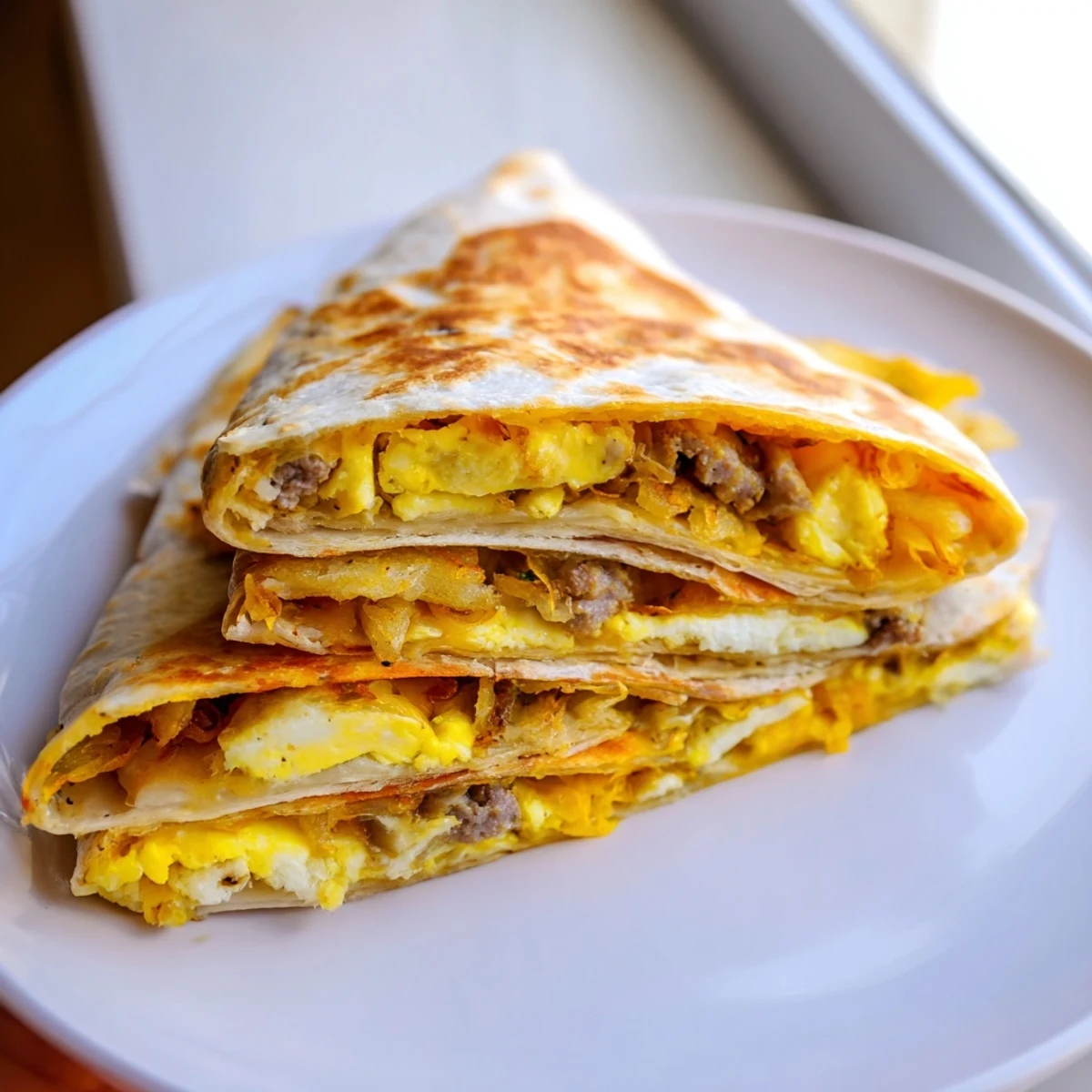 Folded Breakfast Crunchwrap revealing layers of savory ingredients, perfect for a quick and flavorful breakfast.